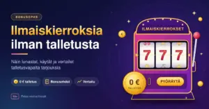 Kuvituskuva, jossa otsikko "Ilmaiskierroksia ilman talletusta", violetti kolikkopeliautomaatti kolmella seitsemällä sekä kultainen kolikko, jossa lukee "0 € talletus".