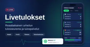 Tummansininen grafiikka, jossa on otsikko ”Livetulokset” sekä älypuhelin, jonka näytöllä näkyvät jalkapallon, jääkiekon ja koripallon reaaliaikaiset tulokset ja maali-ilmoitus.