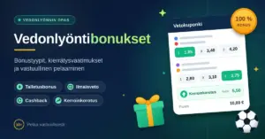 Moderni grafiikka, jossa on vedonlyöntibonusten otsikko, bonustyyppejä kuvaavat tunnisteet, vetokuponki kertoimineen ja kerroinkorotuksineen sekä lahjapaketti, jalkapallo ja 100 %:n bonusta esittävä kultainen kolikko.